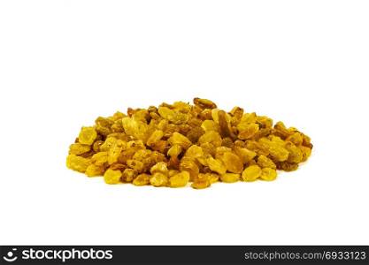 On a white background there is a small slide of golden dried grapes (raisins)
