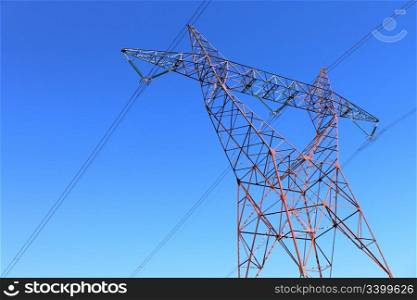 on an electricity pylon against blue sky for a renewable electricity or nuclear