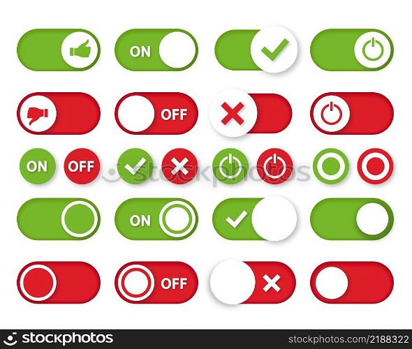 On and Off toggle switch buttons set. Slider interface green and red power icons. Toggle slide for web, mobile up interface. Vector illustration.. On and Off toggle switch buttons set. Slider interface green and red power icons.