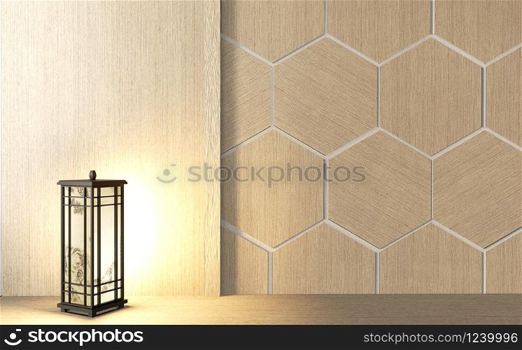 On cabinet in modern empty room Japanese and design hexagon tiles wooden on wall zen style,minimal designs. 3D rendering