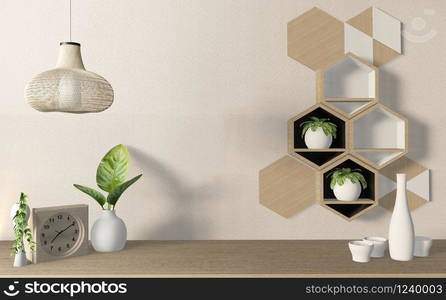 On cabinet in modern empty room Japanese and design hexagon tiles wooden on wall zen style,minimal designs. 3D rendering