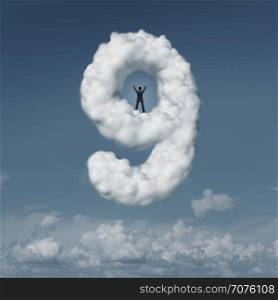 On cloud nine idiom concept as a person or businessman standing in triumph on a floating puffy cumulus cloud shaped as a symbol of euphoria or feeling of success as a psychological state of mind with 3D illustration elements.