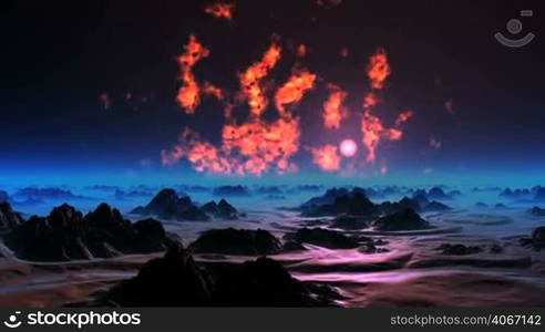 On dark sky flame burns. Over the hazy horizon bright sun. Dark rocks stand in the thick blue mist. The surface reflects a bright red light of the flame.