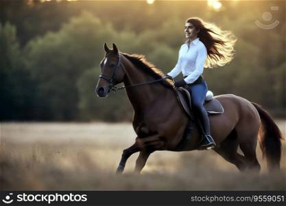 On Nature Trail - Girl On Horseback Over Open Field, created with Generative AI technology   