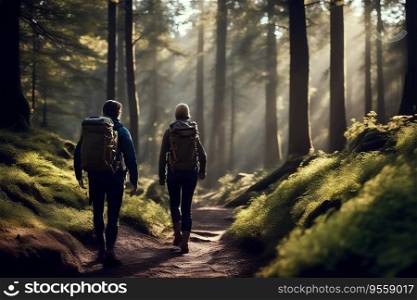 On Nature Trail - Hikers Walking Through Forest, created with Generative AI technology   