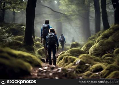 On Nature Trail - Hikers Walking Through Forest, created with Generative AI technology   