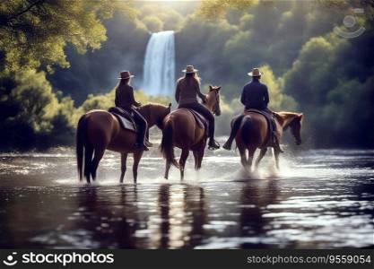 On Nature Trail - Horseback Riders in River with Waterfall, created with Generative AI technology   