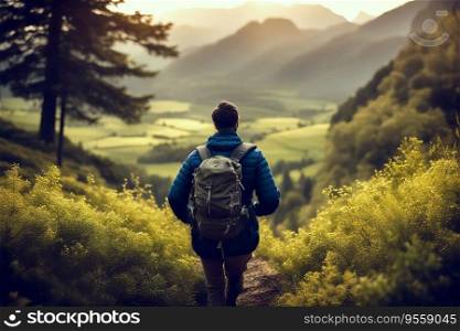 On Nature Trail - Lone Hiker Walking on Trail Between Mountains, created with Generative AI technology   