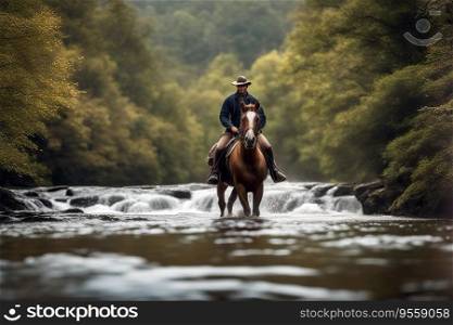 On Nature Trail - Man on Horseback in River, created with Generative AI technology   