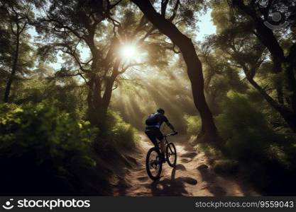On Nature Trail - Mountain Bike Rider Through Forest, created with Generative AI technology   