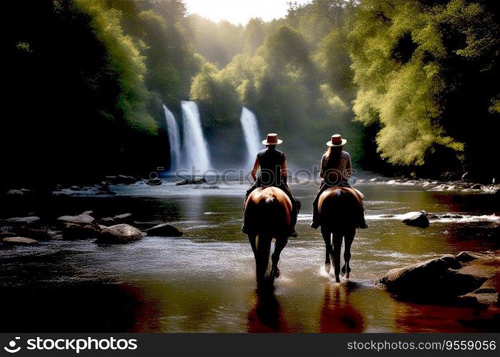 On Nature Trail - Two Women on Horseback in River with Waterfall, created with Generative AI technology   