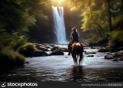 On Nature Trail - Woman on Horseback in River with Waterfall, created with Generative AI technology   
