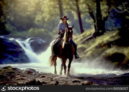 On Nature Trail - Woman on Horseback in River with Waterfall, created with Generative AI technology   