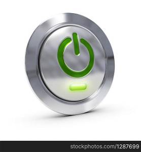 on off pc button with green symbol and led over white background. computer maintenance, on off pc button
