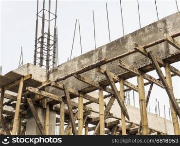 On site construction site showing beam and column with reinforce steel bars and wooden bracing structure