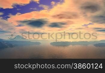 On the calm surface of the water (sea, lake) recorded low heavy clouds. They quickly fly through them and see the land of blue sky. On the horizon, low hills covered with dense luminous mist. Sunset colors the landscape in shades of pink.
