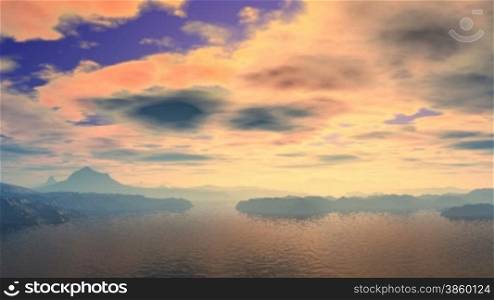 On the calm surface of the water (sea, lake) recorded low heavy clouds. They quickly fly through them and see the land of blue sky. On the horizon, low hills covered with dense luminous mist. Sunset colors the landscape in shades of pink.