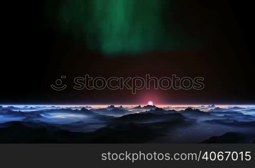 On the dark sky shimmers in green northern lights. Slowly rising bright pink sun over a misty horizon. In the lowlands of dark mountains fog. Surface reflects bright light of the sun.