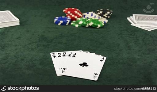 On the green baize Center pot and is five cards of the same suit