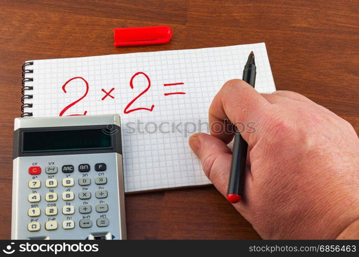 On the notebook sheet in a cage man&rsquo;s hand writes the equation