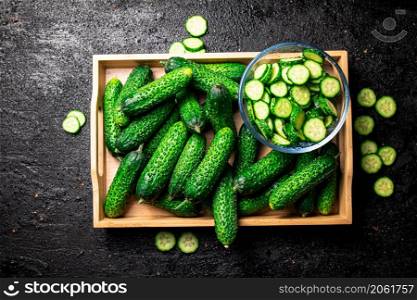 On the wooden tray fresh cucumbers. On a black background. High quality photo. On the wooden tray fresh cucumbers.
