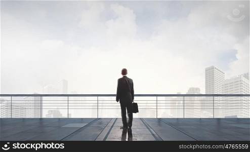 On top of business. Back view of businessman standing on roof looking at city