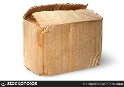 On top worn old cardboard box isolated on white background