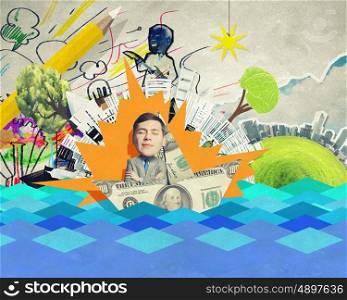 On wealth waves. Young businessman in money boat floating on waves