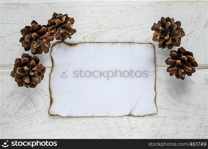 On white wooden boards, a sheet of paper burned along the edges, forest cones around the edges. Leaving space for text. Concept background.. On white wooden boards, a sheet of paper burned along the edges, forest cones around the edges. Leaving space for text.
