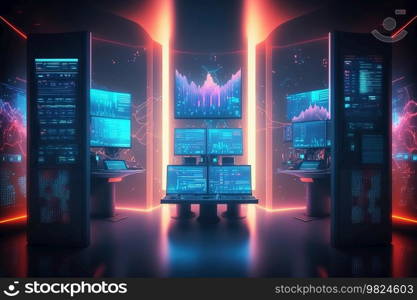  oncept of virtual environment and cyberspace set of network equipment workplace of hacker or programmer. AI Generated Illustration.