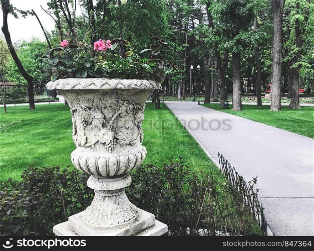 ?oncrete vase with flowers in Gorky Park, Kharkov city, Ukraine