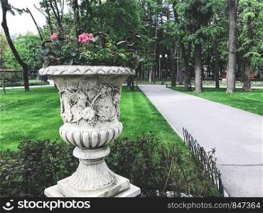 ?oncrete vase with flowers in Gorky Park, Kharkov city, Ukraine