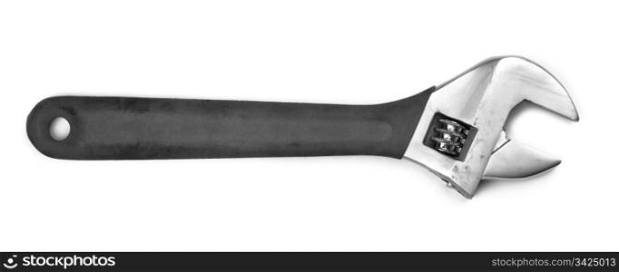 One big wrench, black and white photo, white background.