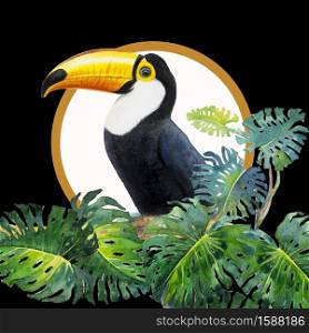 One Bird with Big beak, Toucan bird sitting on the branch with monstera leaf (Monstera deliciosa) in black background. Watercolor painting illustration on paper, animal life tropical.
