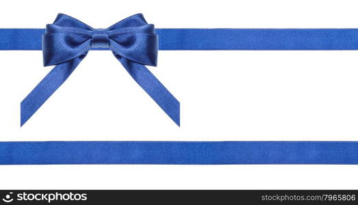 one blue satin bow in upper left corner and two horizontal ribbons isolated on horizontal white background