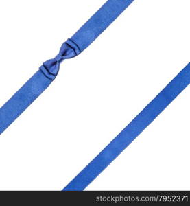 one blue satin bow knot in upper left corner and two diagonal ribbons isolated on square white background