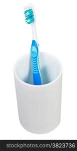 one blue tooth brush in ceramic glass isolated on white background