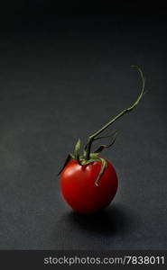 One Cherry tomato over dark background, closeup