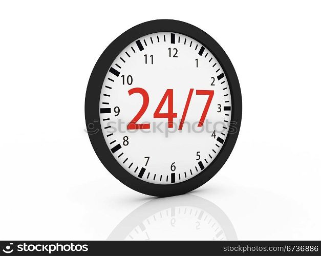 one clock with the numbers 24 and 7 on center, concept of full availability (3d render)