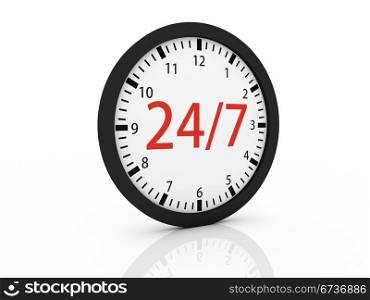 one clock with the numbers 24 and 7 on center, concept of full availability (3d render)