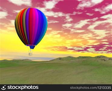 One colorful hot air balloon flying upon green grass by cloudy sunset light. Colorful hot air balloon - 3D render