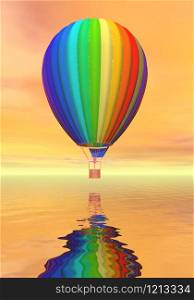 One colorful hot air balloon flying upon ocean by orange sunset light. Colorful hot air balloon - 3D render