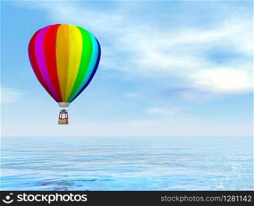 One colorful hot air balloon flying upon water by blue day - 3D render. Colorful hot air balloon - 3D render