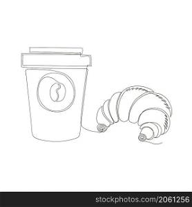 One Continuous Line Drawing. Fast Food Doodle. Modern Minimalistic Style. Sweet Croissant Icon and Cup of Coffee Isolated on White Background.. One Continuous Line Drawing. Fast Food Doodle. Modern Minimalistic Style. Sweet Croissant Icon and Cup of Coffee.