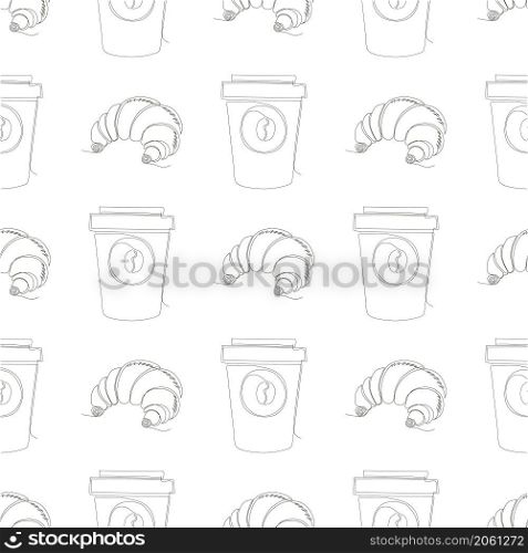One Continuous Line Drawing. Fast Food Doodle. Modern Minimalistic Style. Sweet Croissant Icon and Cup of Coffee Isolated on White Background. Seamless Pattern.. One Continuous Line Drawing. Fast Food Doodle. Croissant Icon and Cup of Coffee. Seamless Pattern.