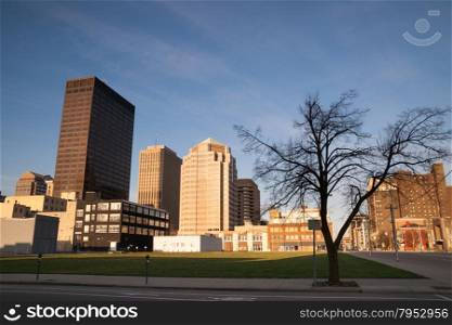 One corner sits undeveloped in downtown Dayton at sunrise