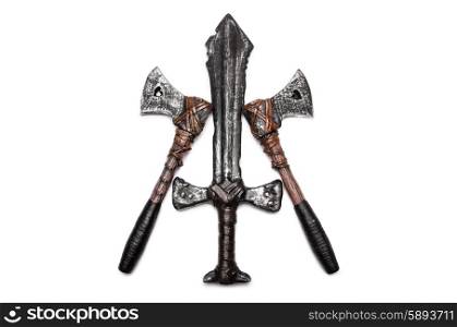 One dagger and two axes isolated on white