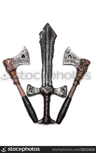 One dagger and two axes isolated on white