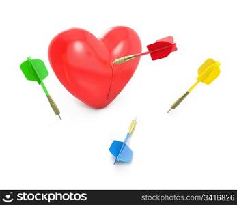 One dart hit the red heart, isolated on white background