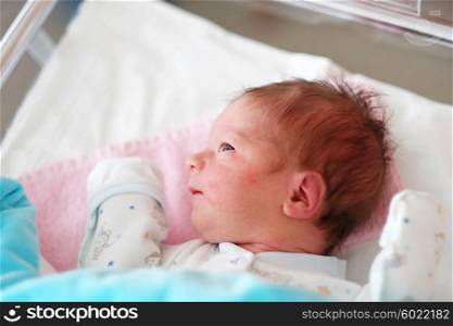 One day old newborn baby in bed